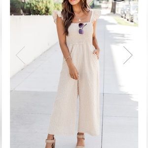 Pink Lily Country At Heart Beige Smocked Bust Gingham Jumpsuit Size Small